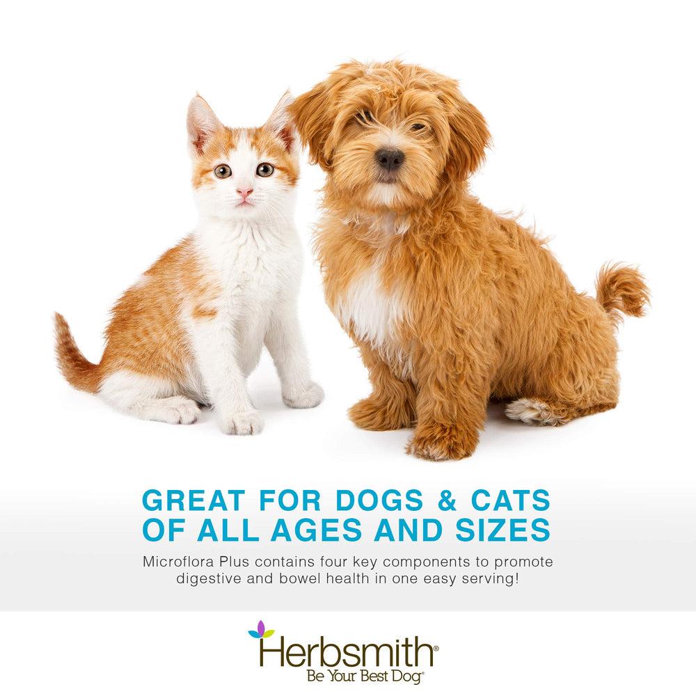 Herbsmith Microflora Plus in bowl suggests mixing with food.