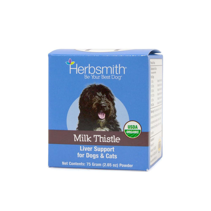 Herbsmith Milk Thistle Powder bottle with USDA organic label for pets.