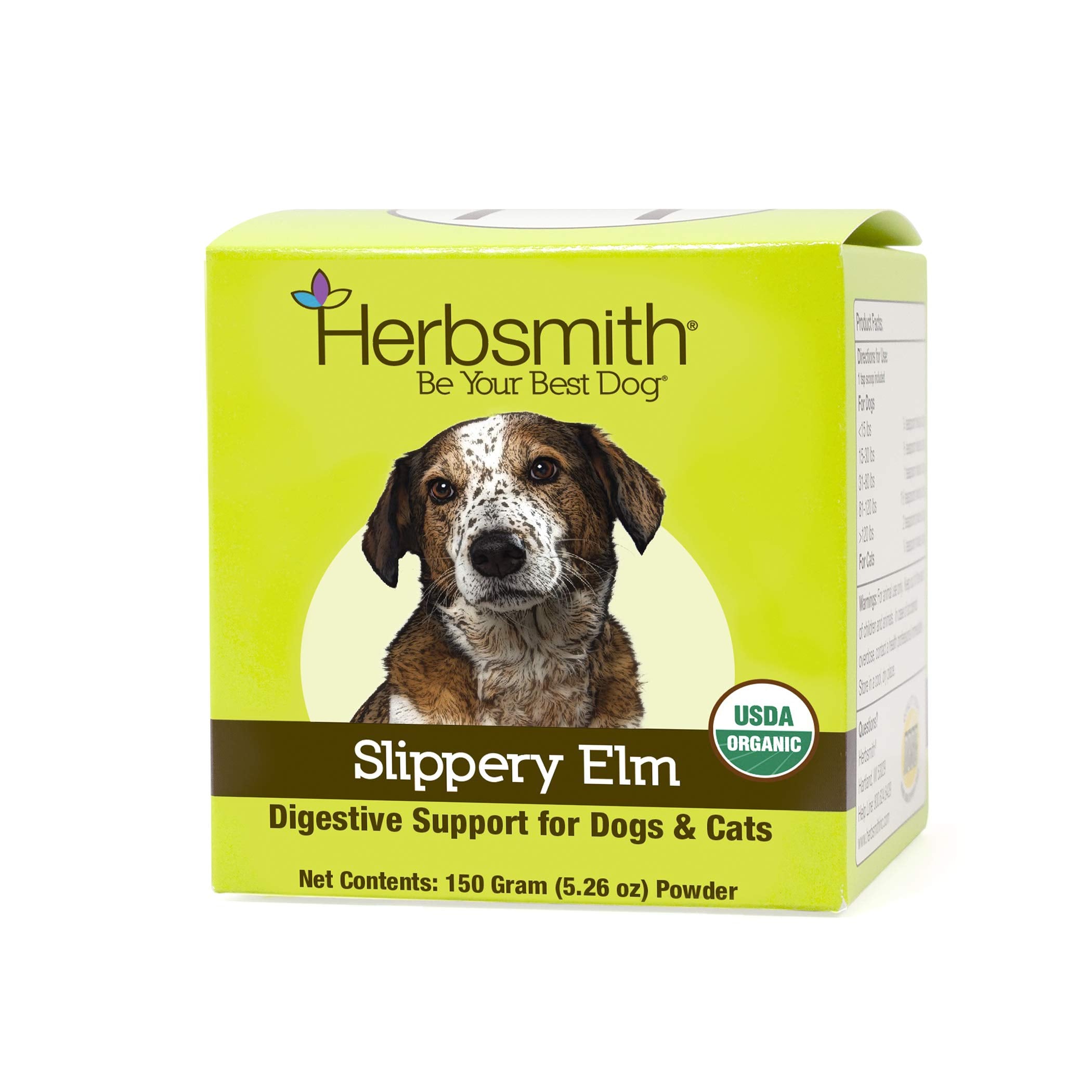 Herbsmith organic slippery elm powder for dogs and cats supports gentle digestion.
