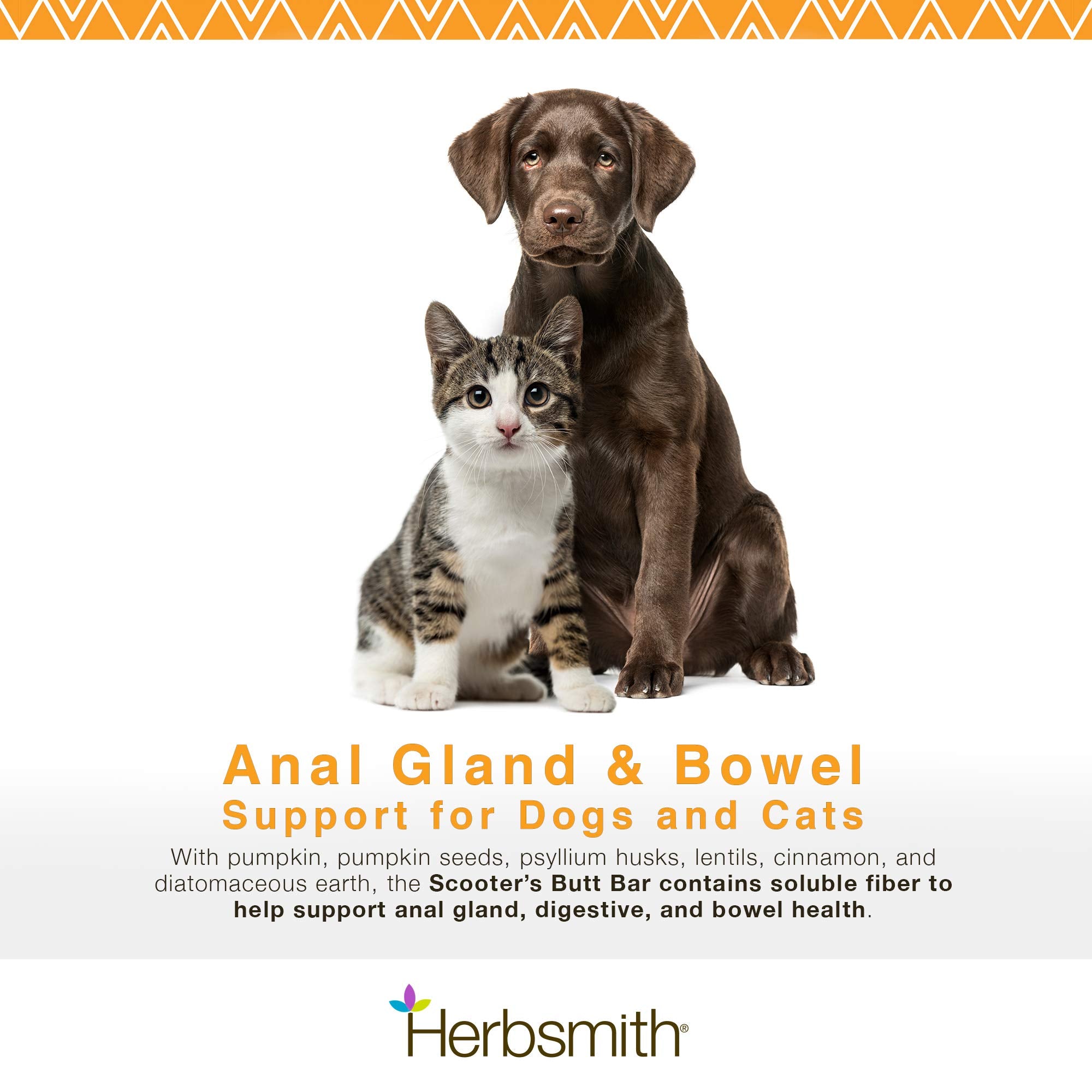 Herbsmith Scooter’s Butt Bars container and package, USA-made veterinary-developed.