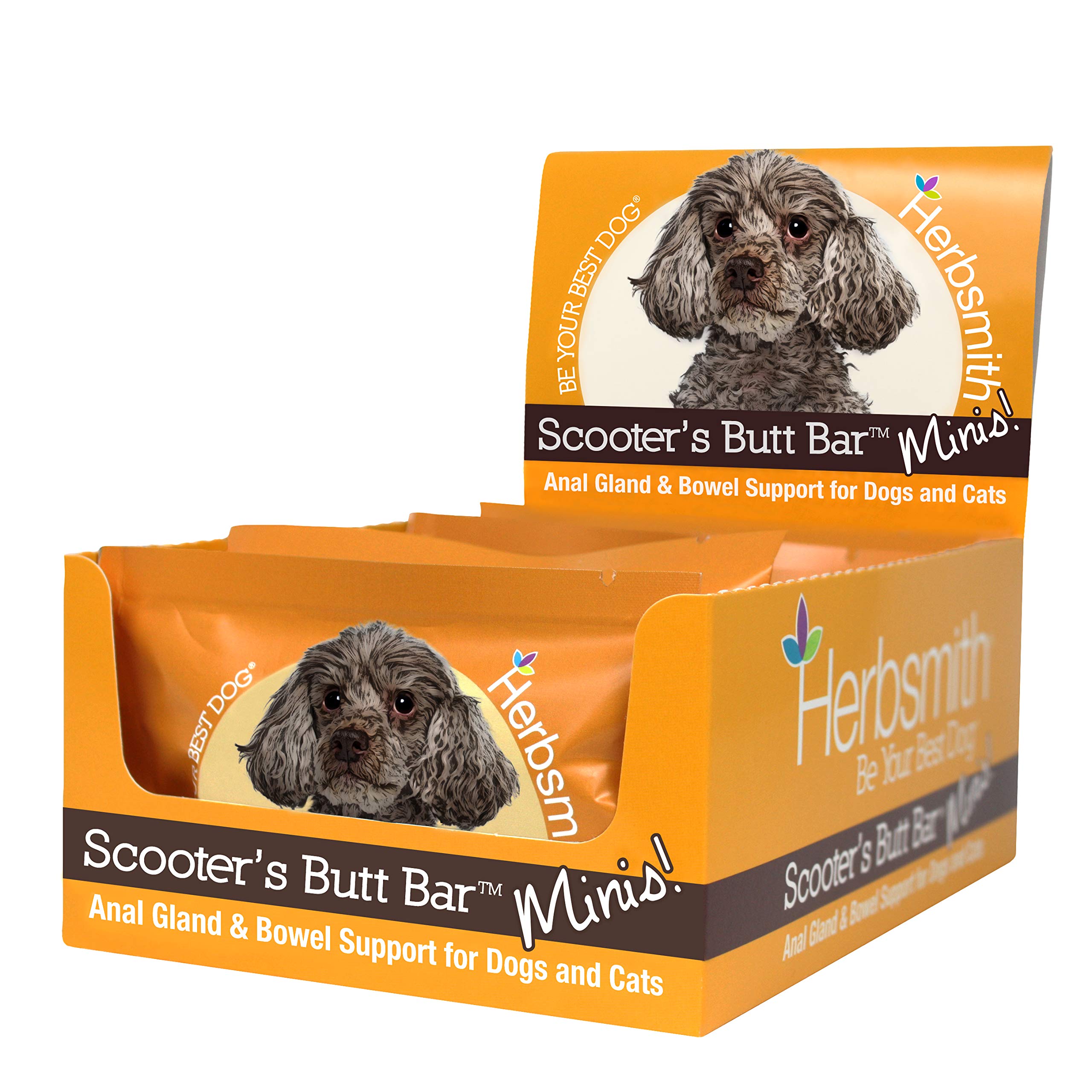 Herbsmith Scooter’s Butt Bars mini bars in a case, supporting regular stools for dogs.