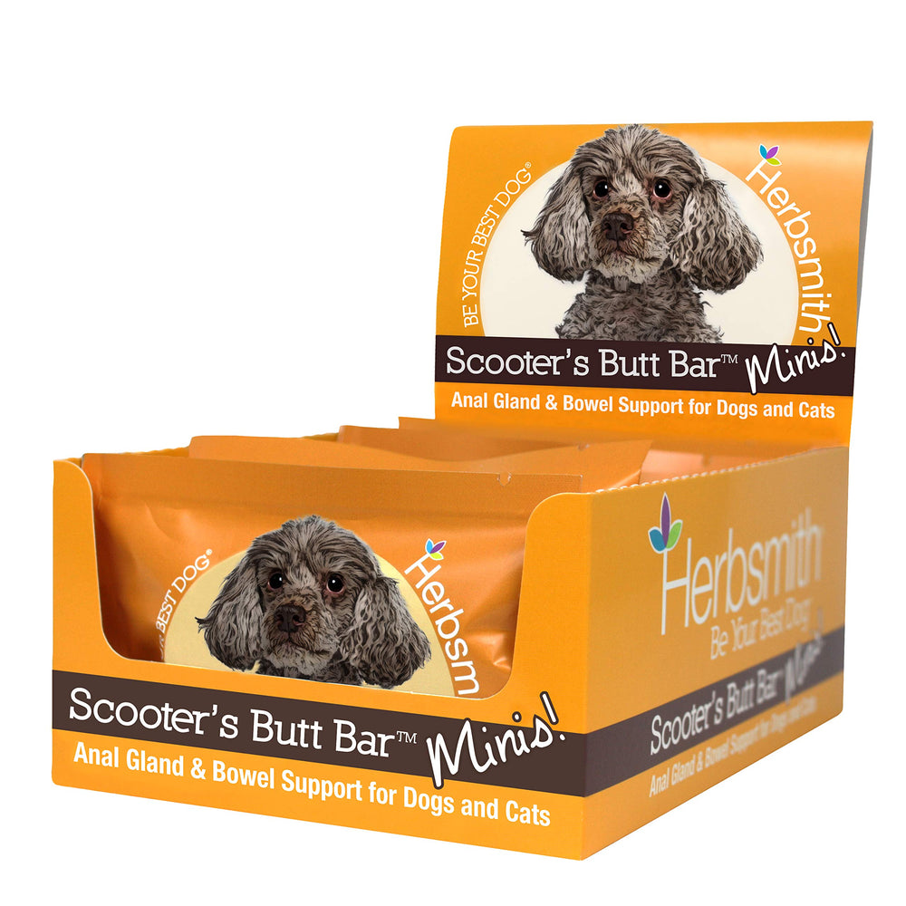 Herbsmith Scooter’s Butt Bars mini bars in a case, supporting regular stools for dogs.