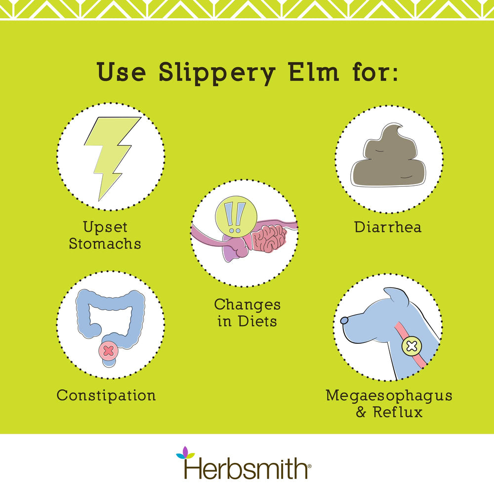 Herbsmith slippery elm helps pet belly comfort during travel or stress.