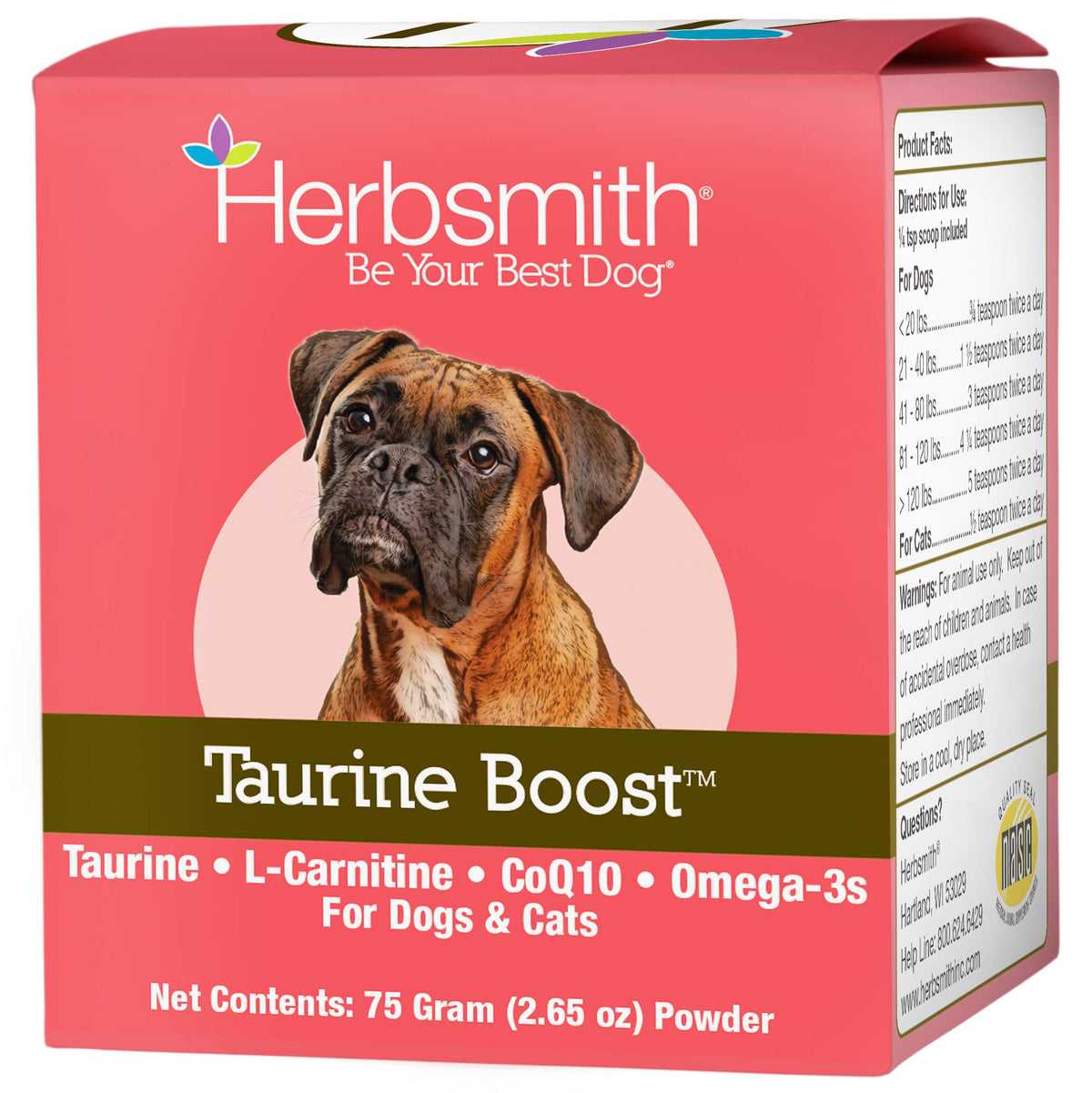Herbsmith Taurine Boost bottle front indicating heart health support for dogs and cats
