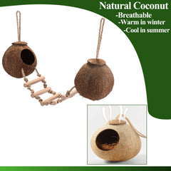 HERCOCCI double coconut shell hut offers rustic hiding and climbing fun.