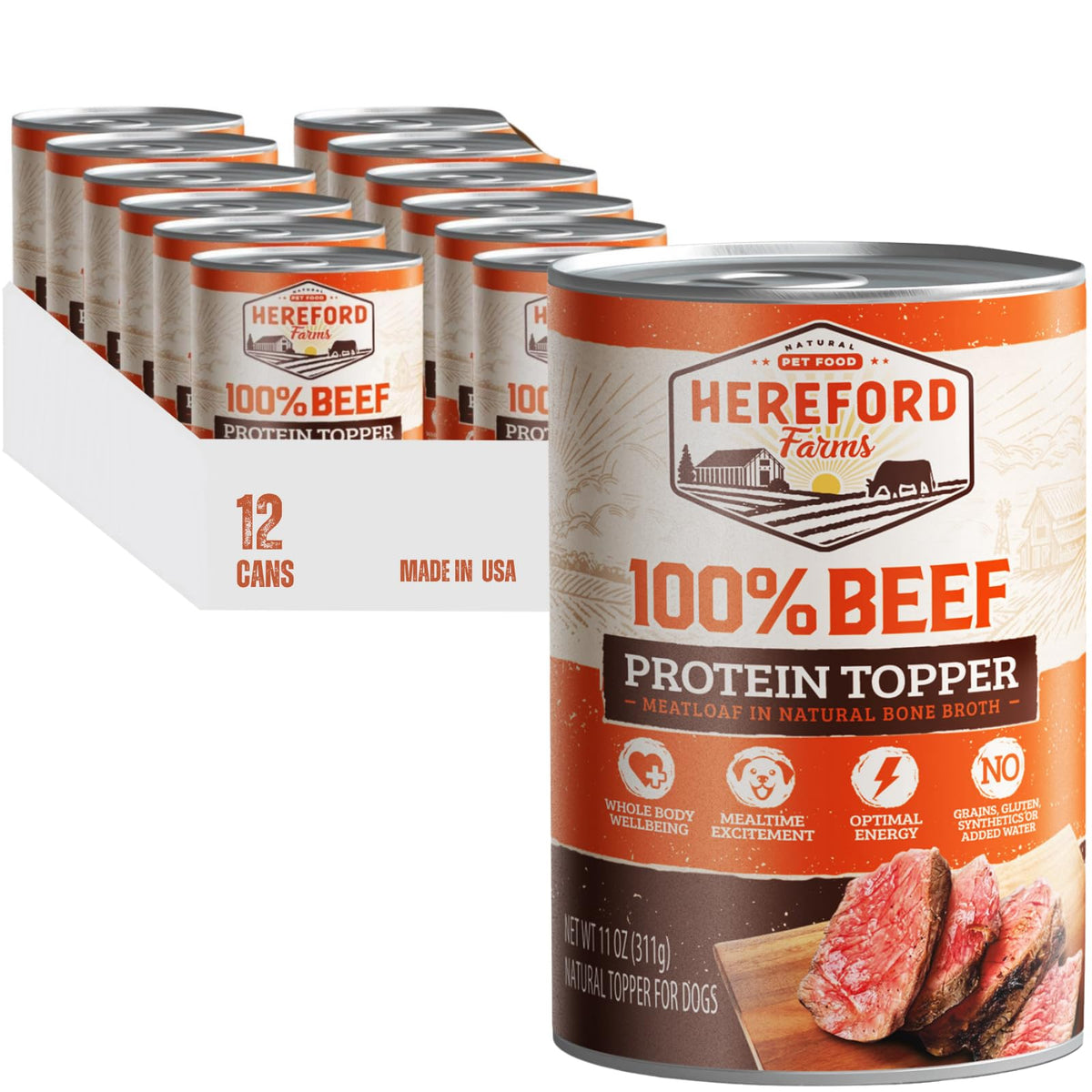 HEREFORD FARMS beef wet dog food in bone broth cans for flavorful meals.