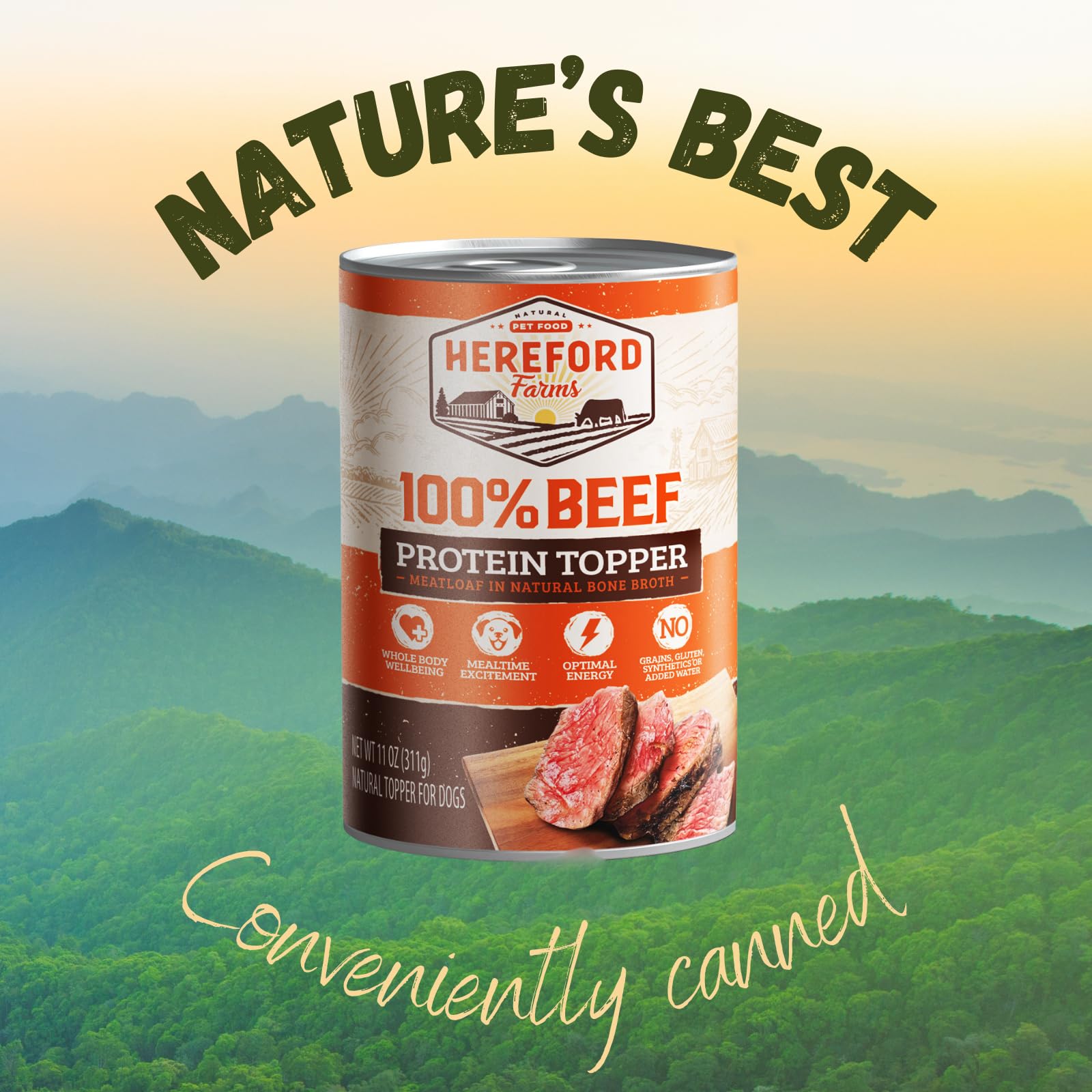 HEREFORD FARMS grain-free non-GMO formula signals clean ingredients.