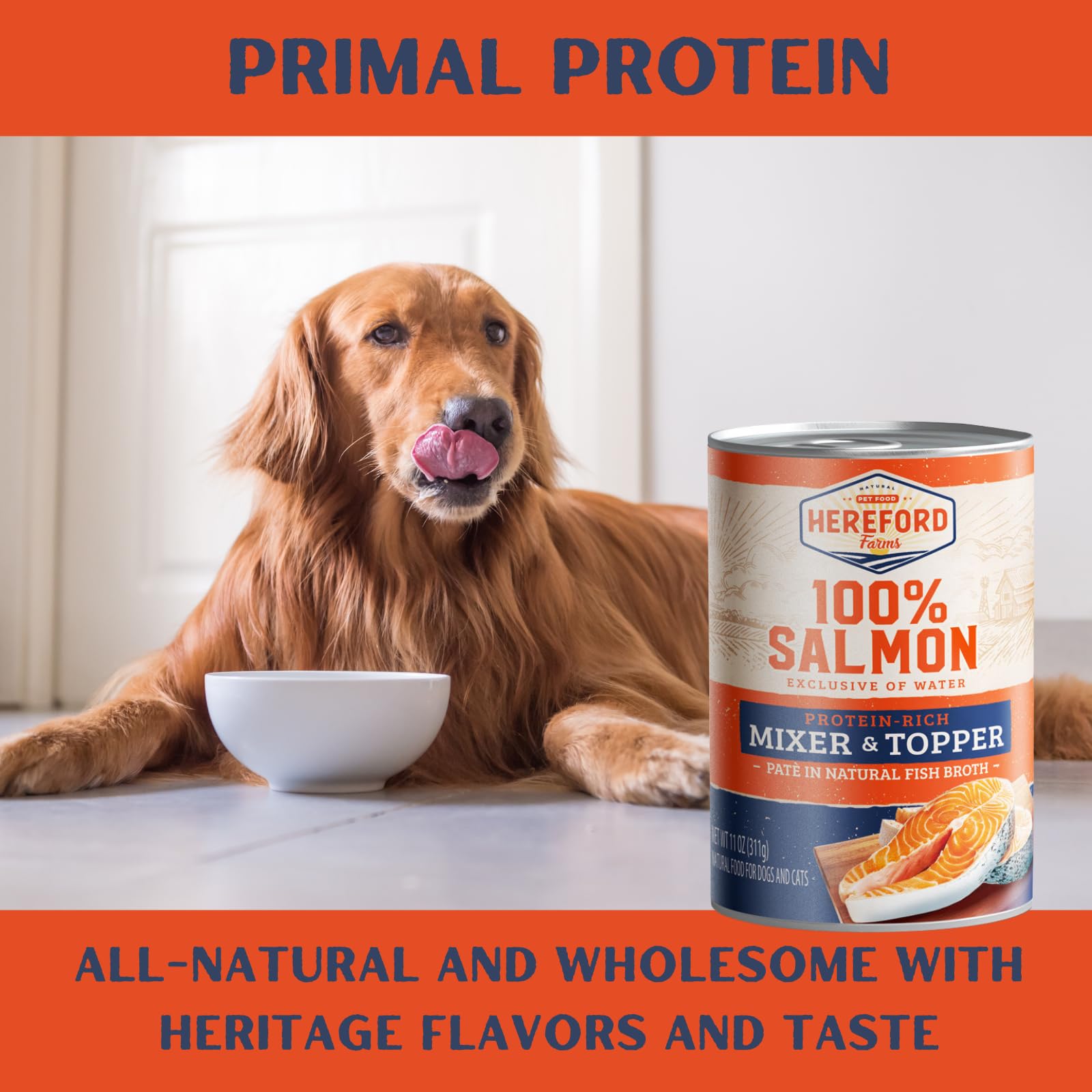 Hereford Farms 100% salmon in broth highlights natural flavor boost.