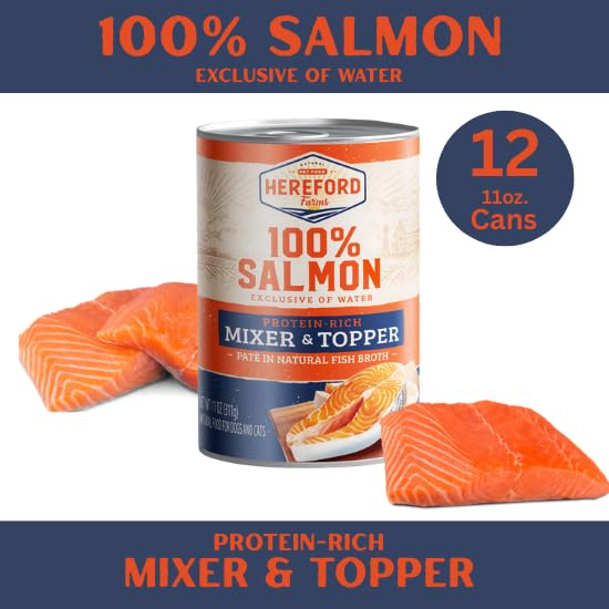 Hereford Farms salmon cans displayed on shelf for easy meal topping.