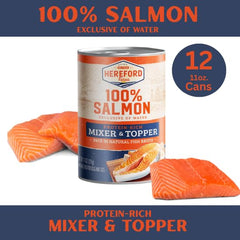 Hereford Farms salmon cans displayed on shelf for easy meal topping.
