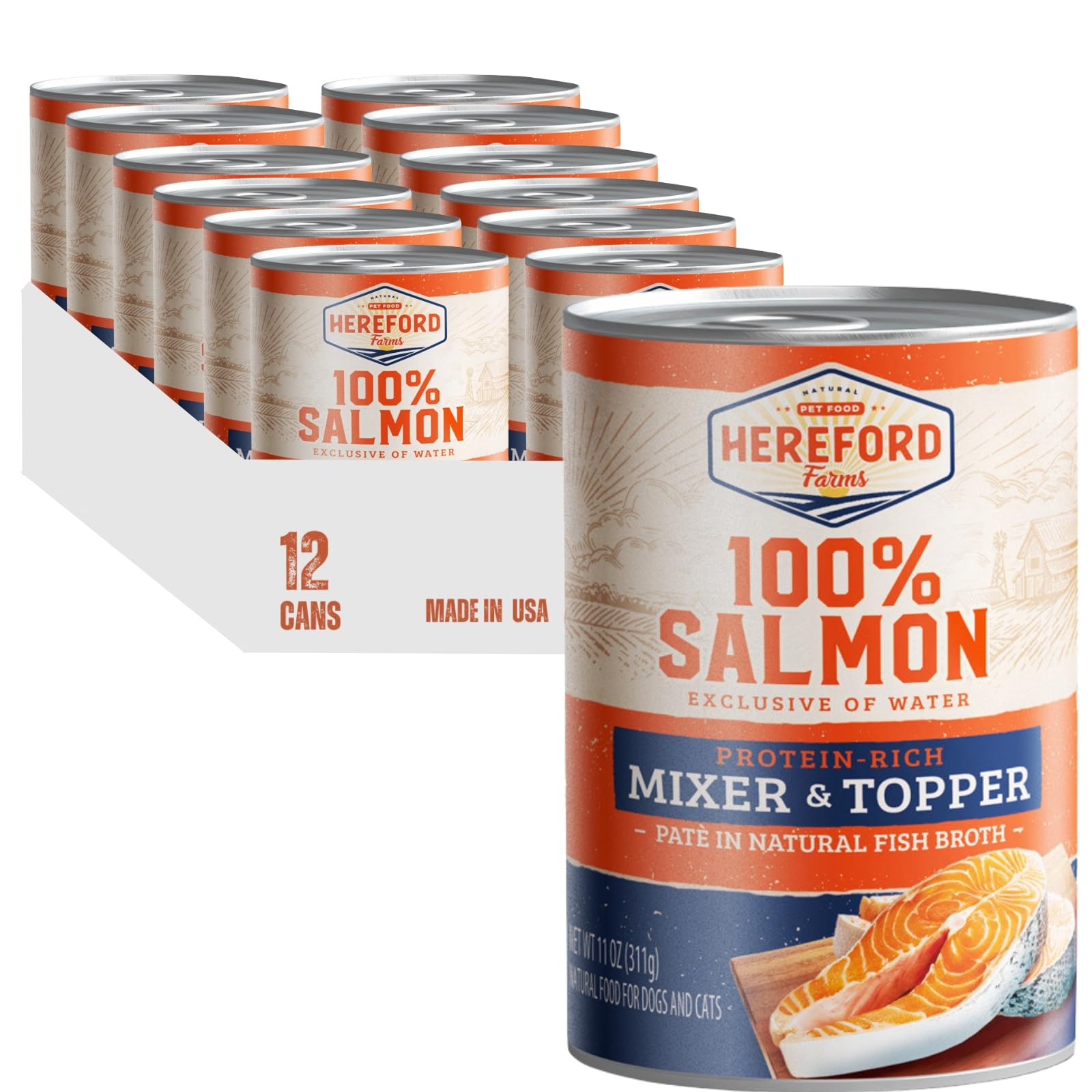 Hereford Farms 12-pack salmon wet dog food pack shot for protein-rich meals.