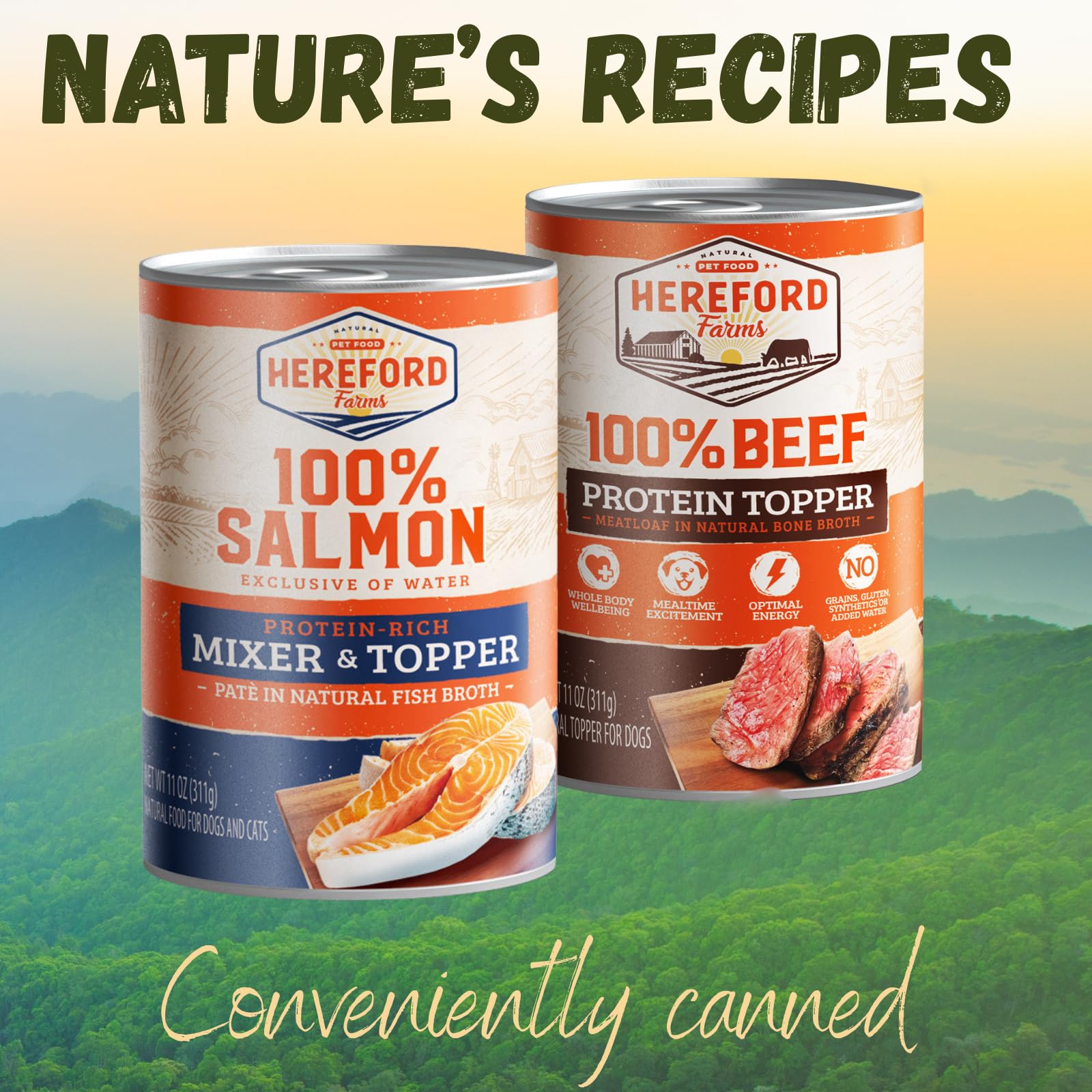 Unopened Hereford Farms salmon can next to kibble topper idea.