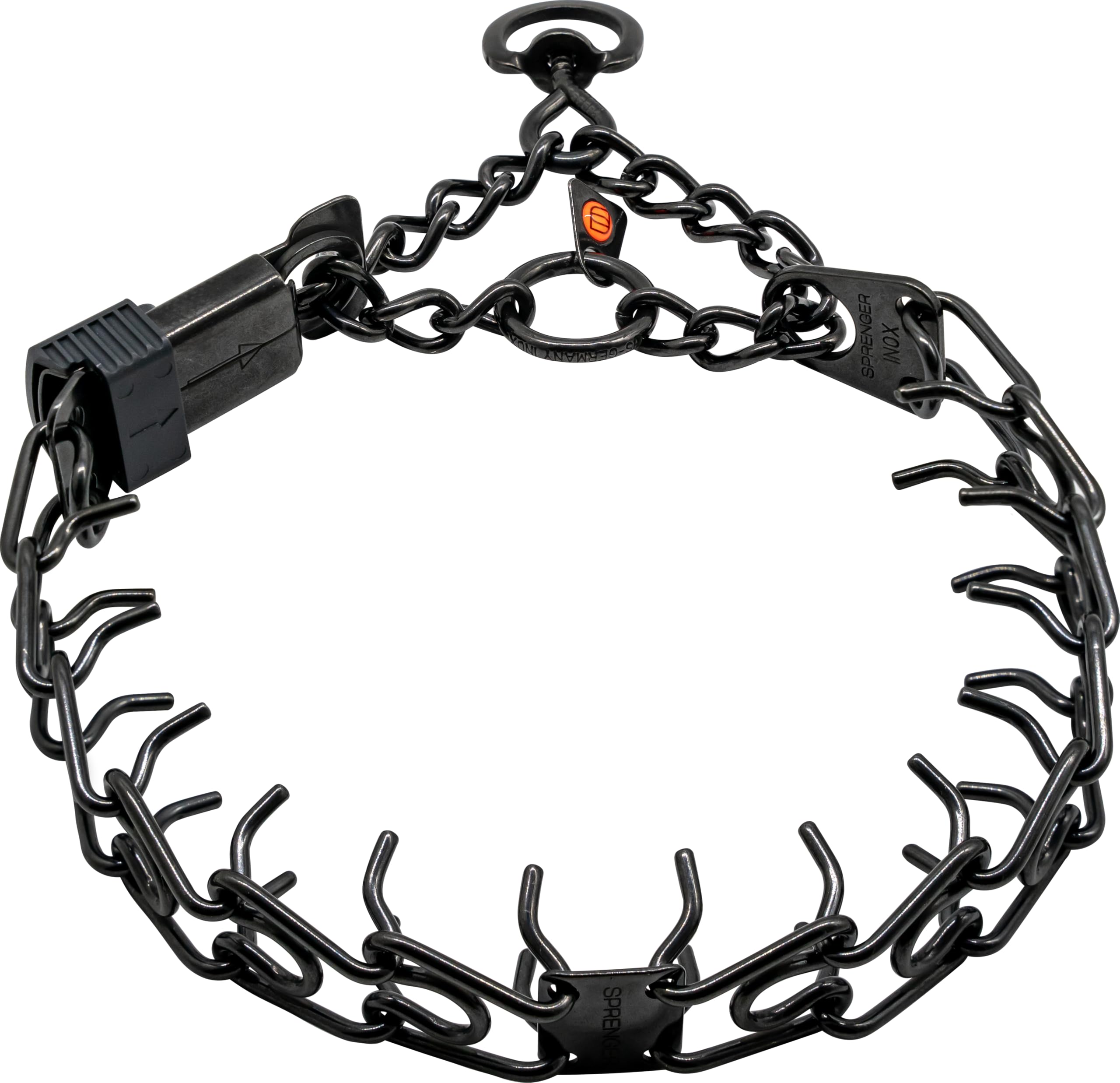 Herm Sprenger black stainless steel collar with short links for even neck pressure.