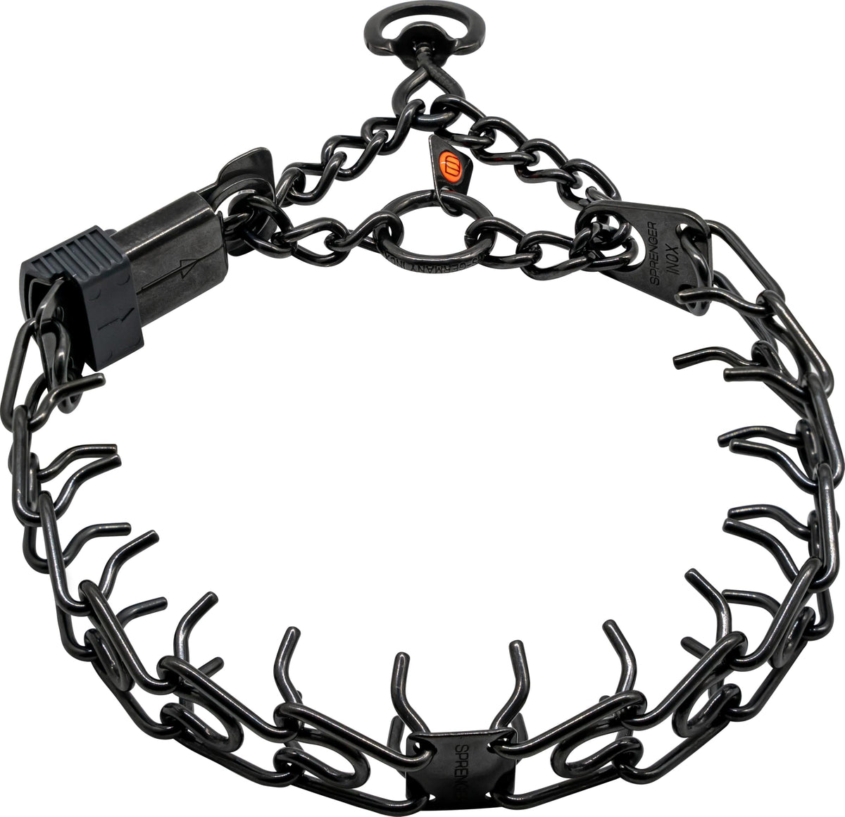 Herm Sprenger black stainless steel collar with short links for even neck pressure.