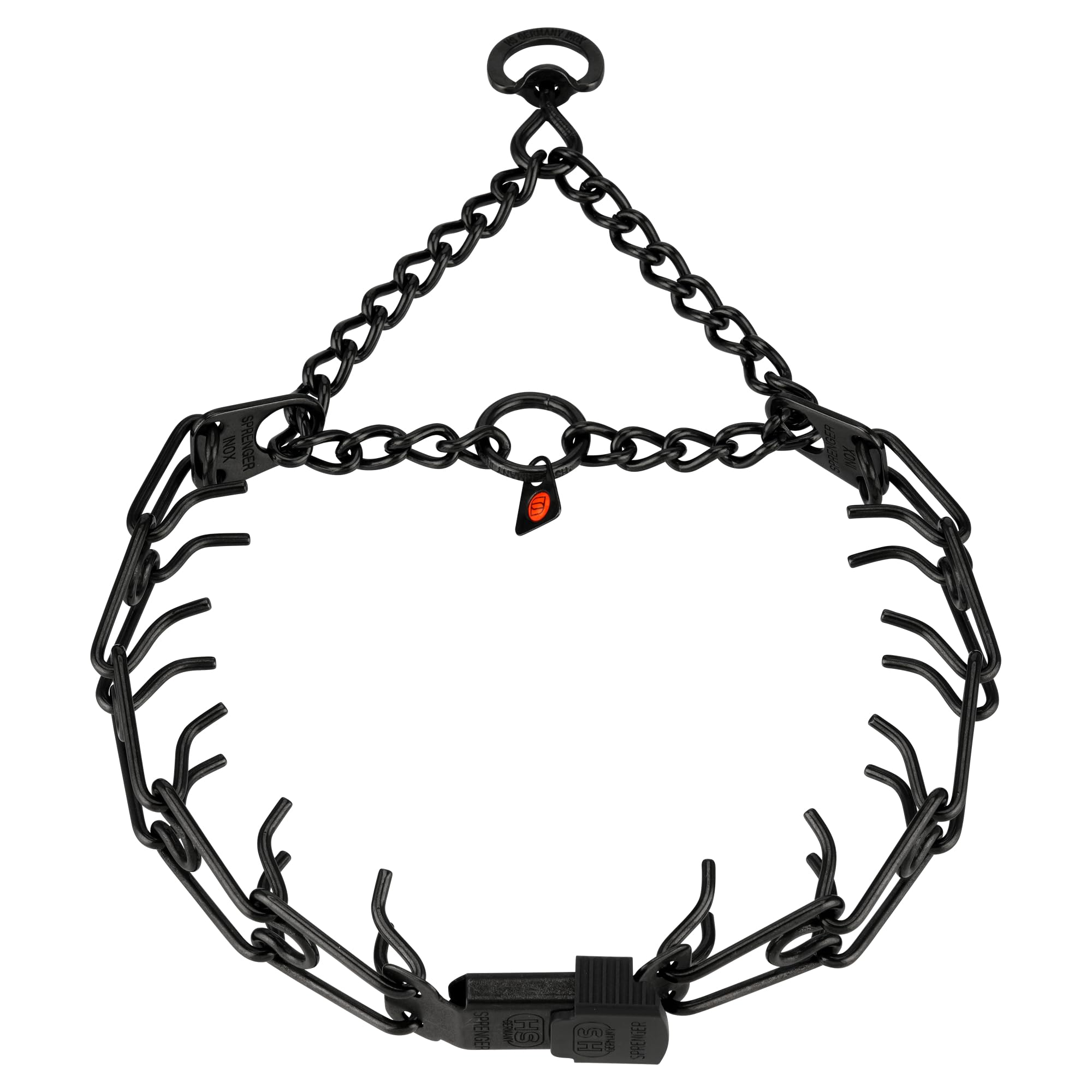 Herm Sprenger black stainless steel dog collar with centered ClickLock buckle for easy on-off and training.
