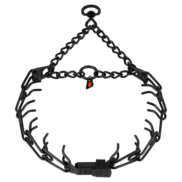 Herm Sprenger black stainless steel dog collar with centered ClickLock buckle for easy on-off and training.