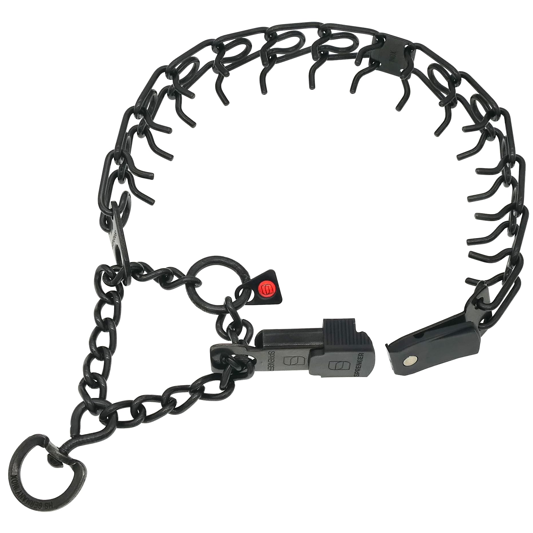 Center plate connector on Herm Sprenger collar ensures balanced tightening.