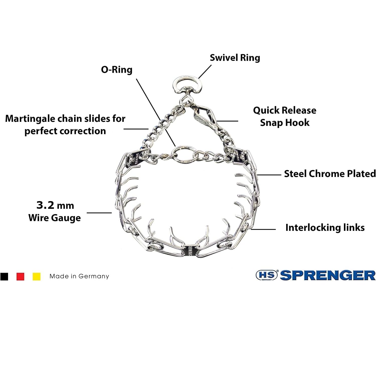 Herm Sprenger chrome prong collar center plate connector ensures even pressure.
