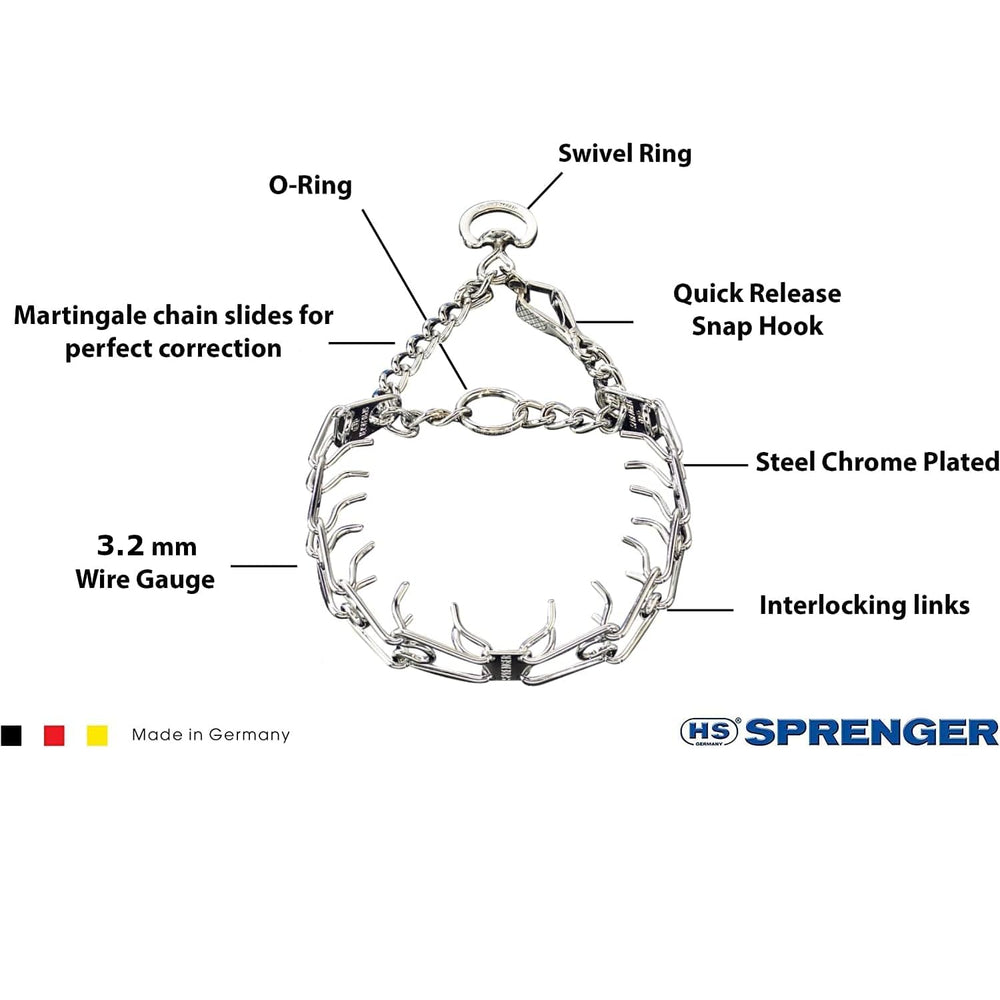 Herm Sprenger chrome prong collar center plate connector ensures even pressure.