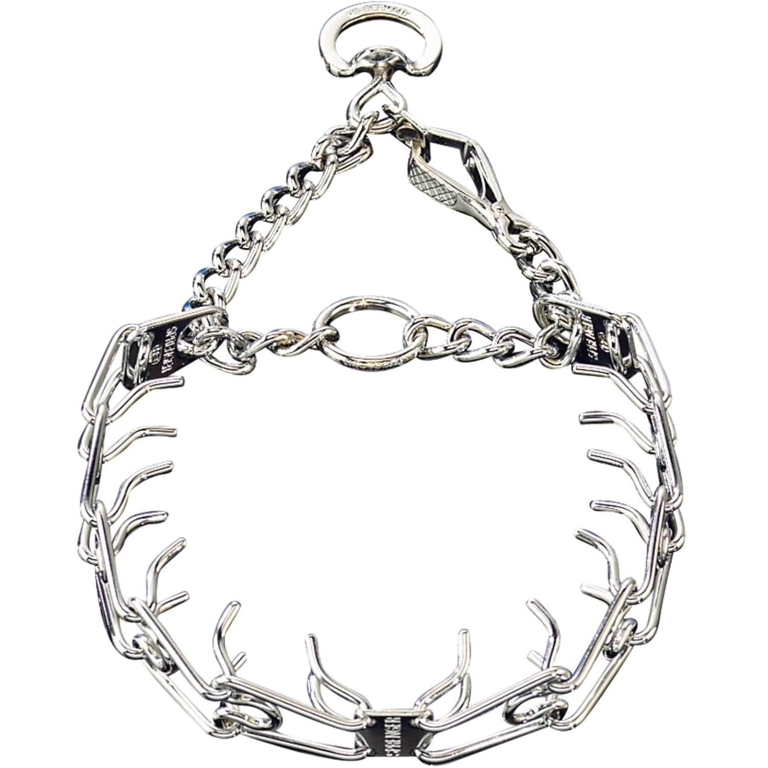 Herm Sprenger chrome prong collar with quick-release clip for controlled training sessions.