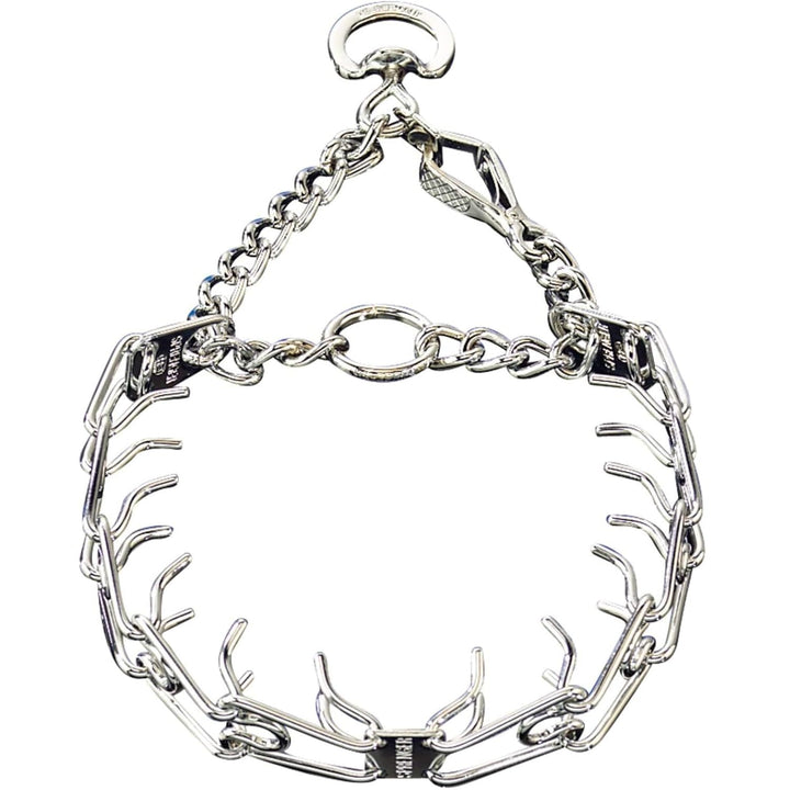 Herm Sprenger chrome prong collar with quick-release clip for controlled training sessions.