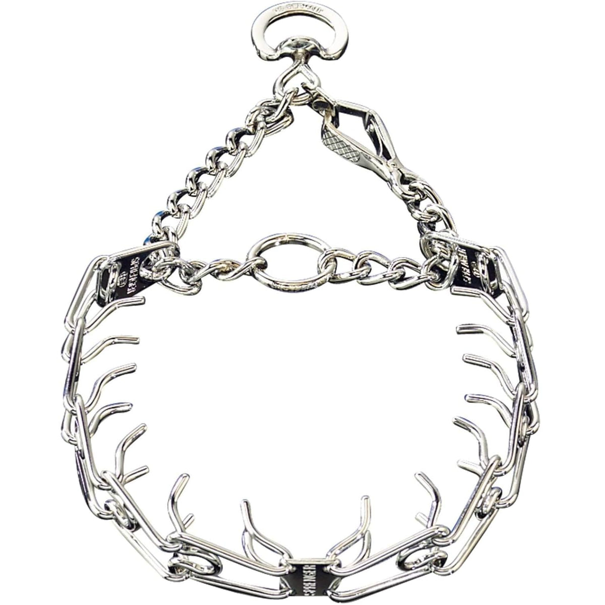 Herm Sprenger chrome prong collar with quick-release clip for controlled training sessions.