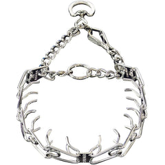 Herm Sprenger chrome prong collar with quick-release clip for controlled training sessions.