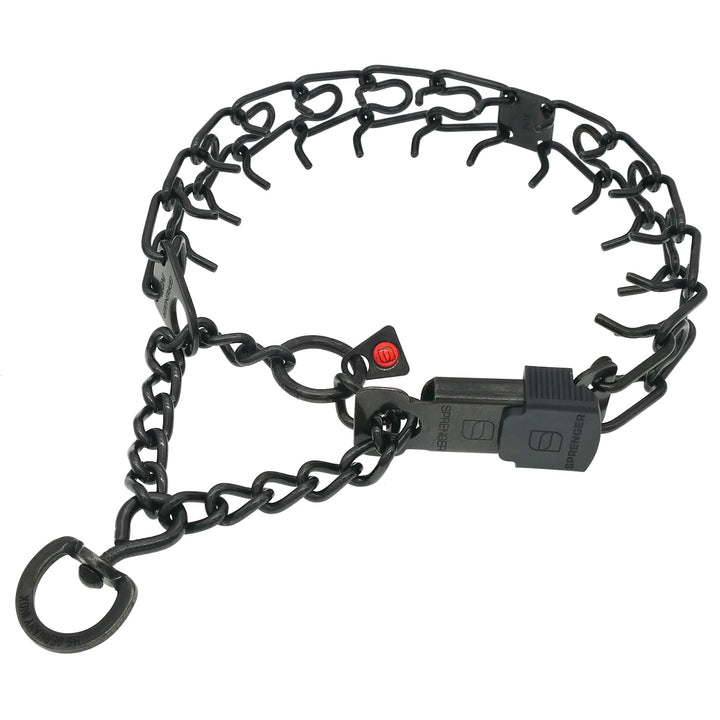 Close-up of Herm Sprenger ClickLock buckle for easy on-off around the neck.