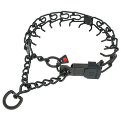 Close-up of Herm Sprenger ClickLock buckle for easy on-off around the neck.