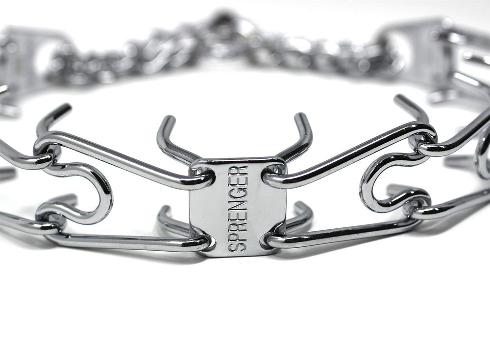 Beveled prong tips on Herm Sprenger collar reduce snag risk
