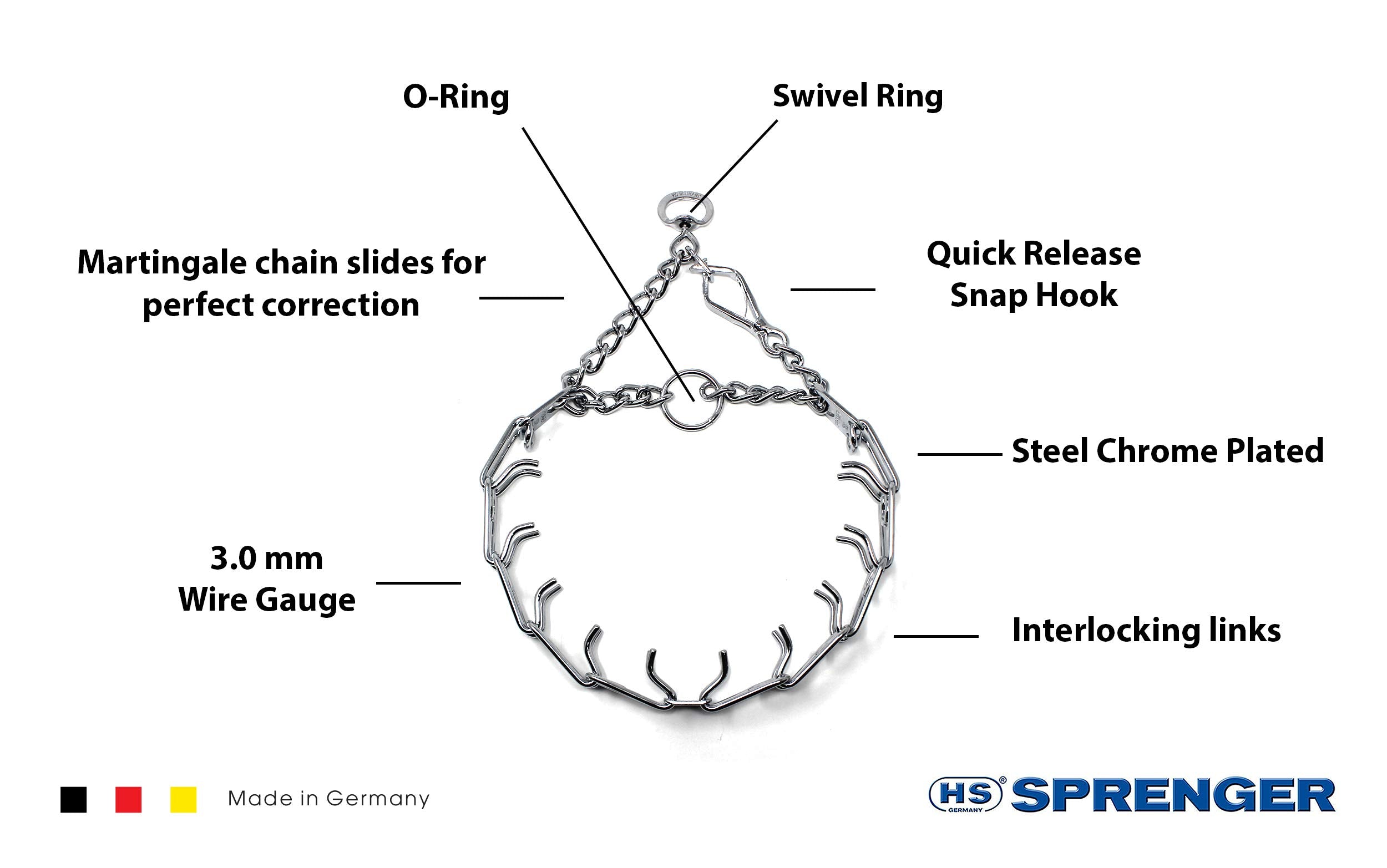 Herm Sprenger prong collar center plate provides even neck pressure for symmetric action.