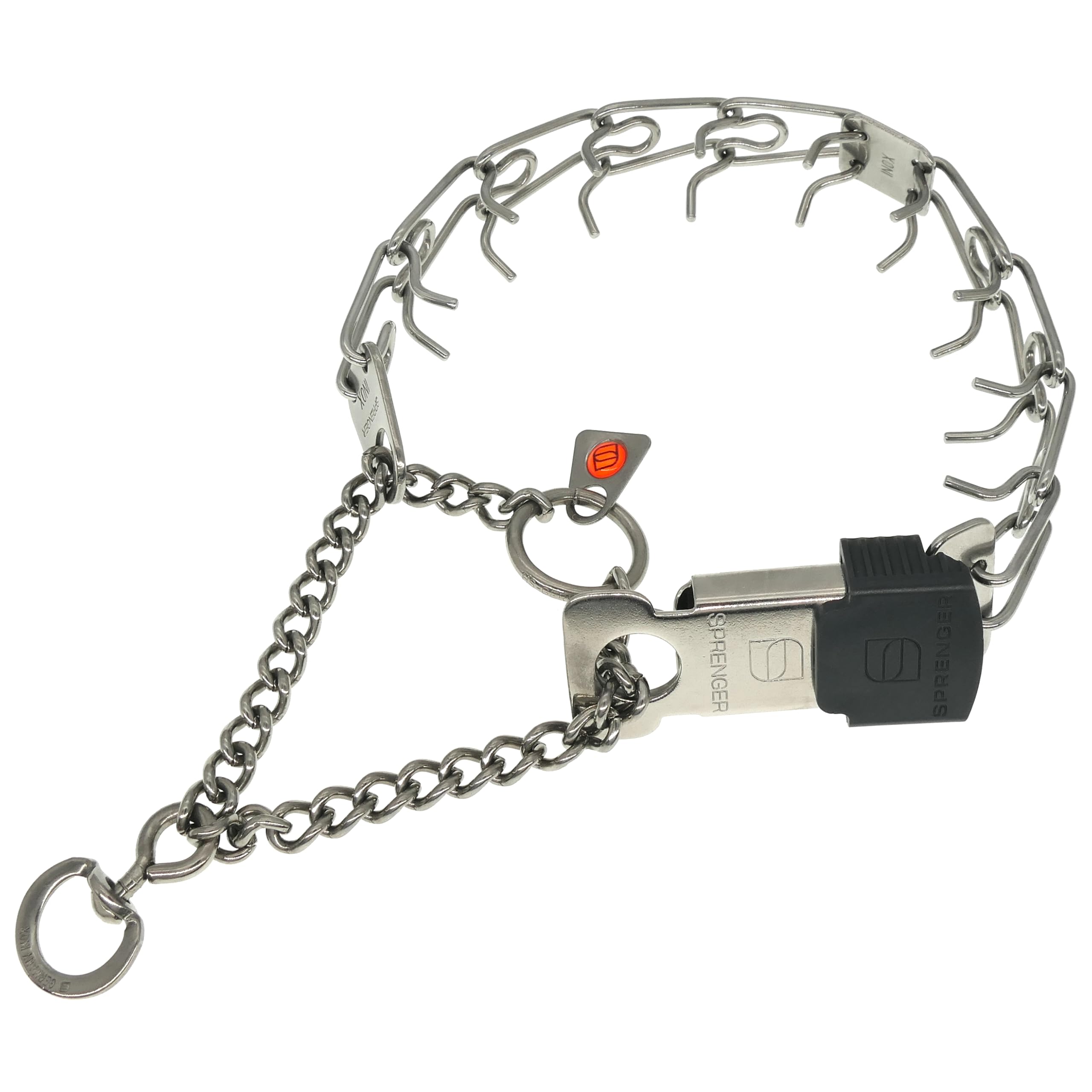 Herm Sprenger prong collar clicklock buckle for easy on/off during training.