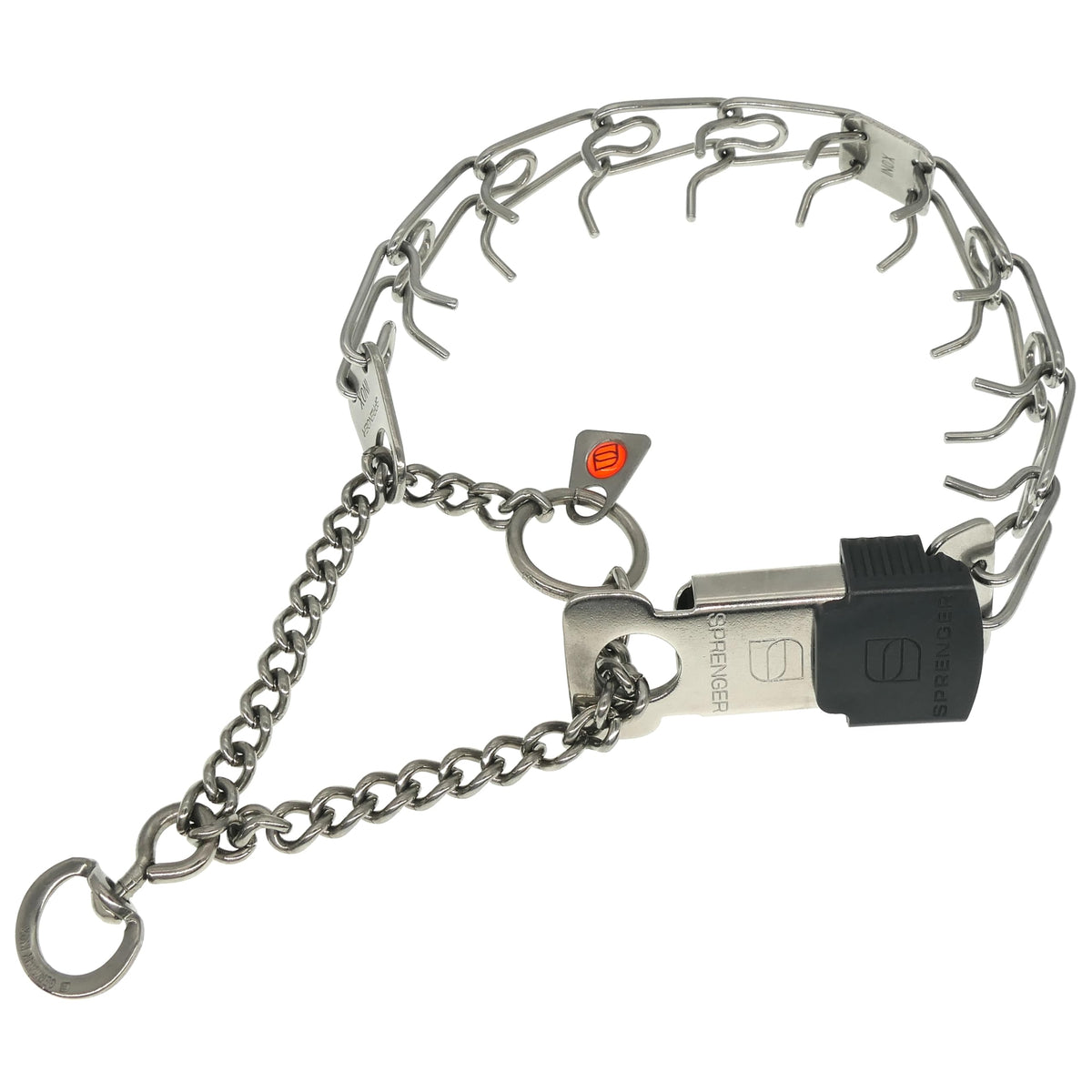 Herm Sprenger prong collar clicklock buckle for easy on/off during training.