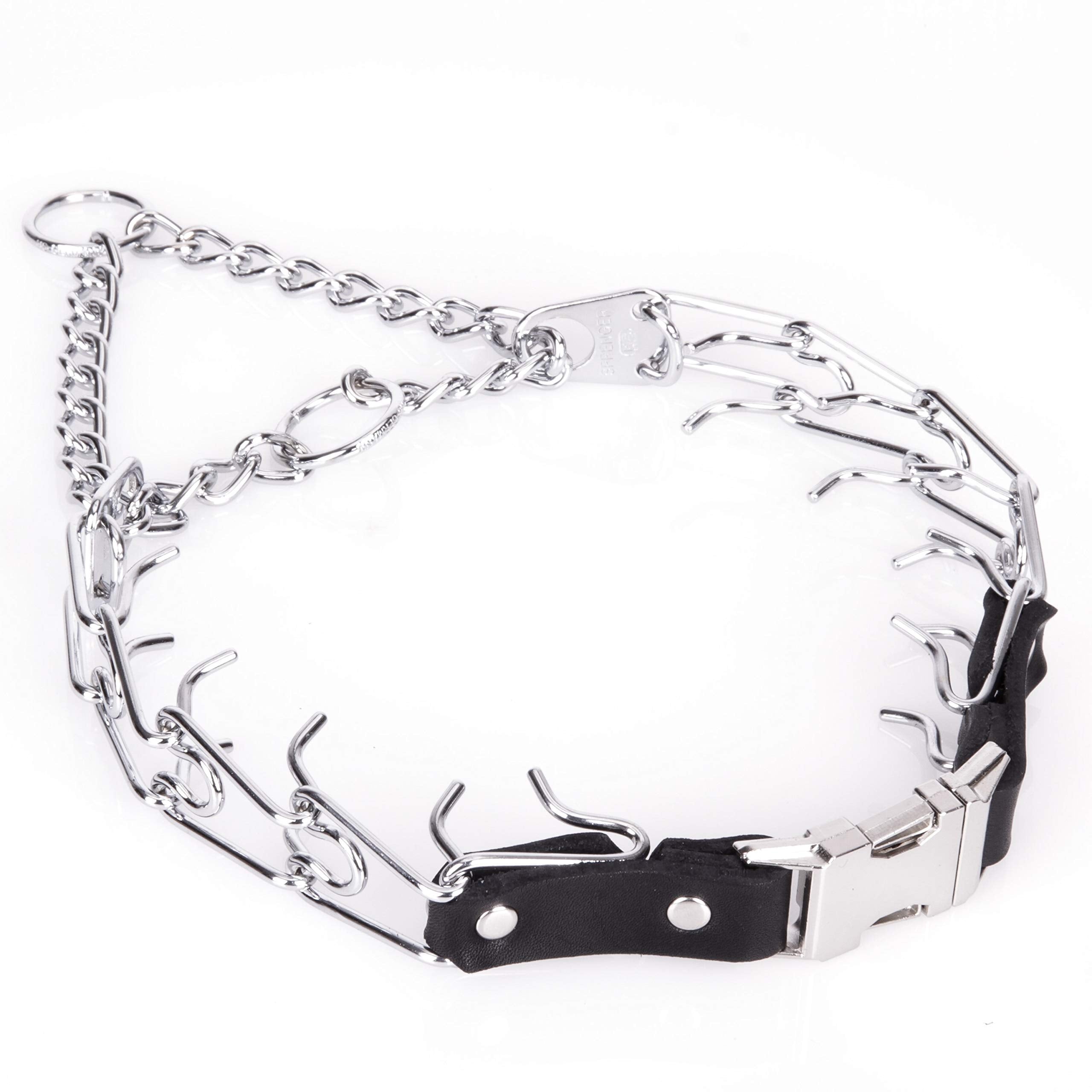 Herm Sprenger prong collar with quick-release buckle shown for easy handling during walks.