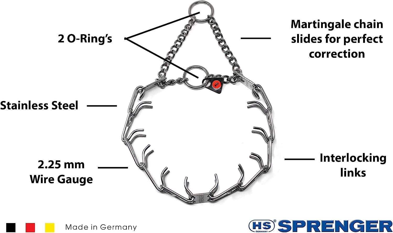 Herm Sprenger prong collar side view highlights neck-safe training design.