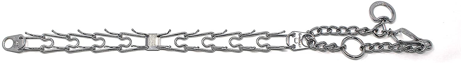 Side view shows Herm Sprenger prong collar with spacing and safety-rounded ends