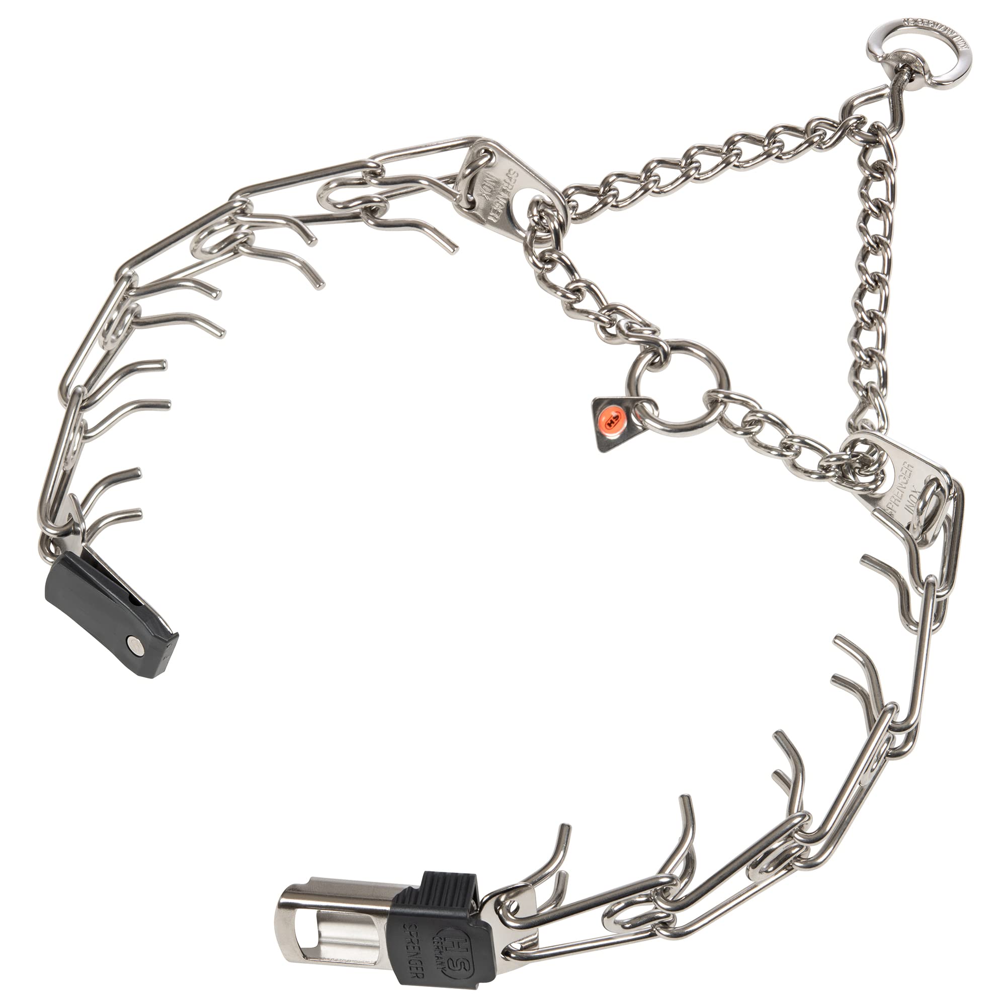 Herm Sprenger prong collar with swivel ring to prevent leash twist during walks.