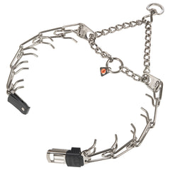 Herm Sprenger prong collar with swivel ring to prevent leash twist during walks.