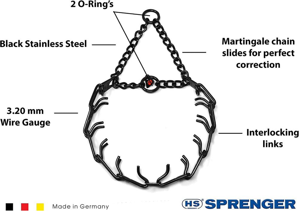 Close-up of prong tips on Herm Sprenger collar showing beveled safety design.