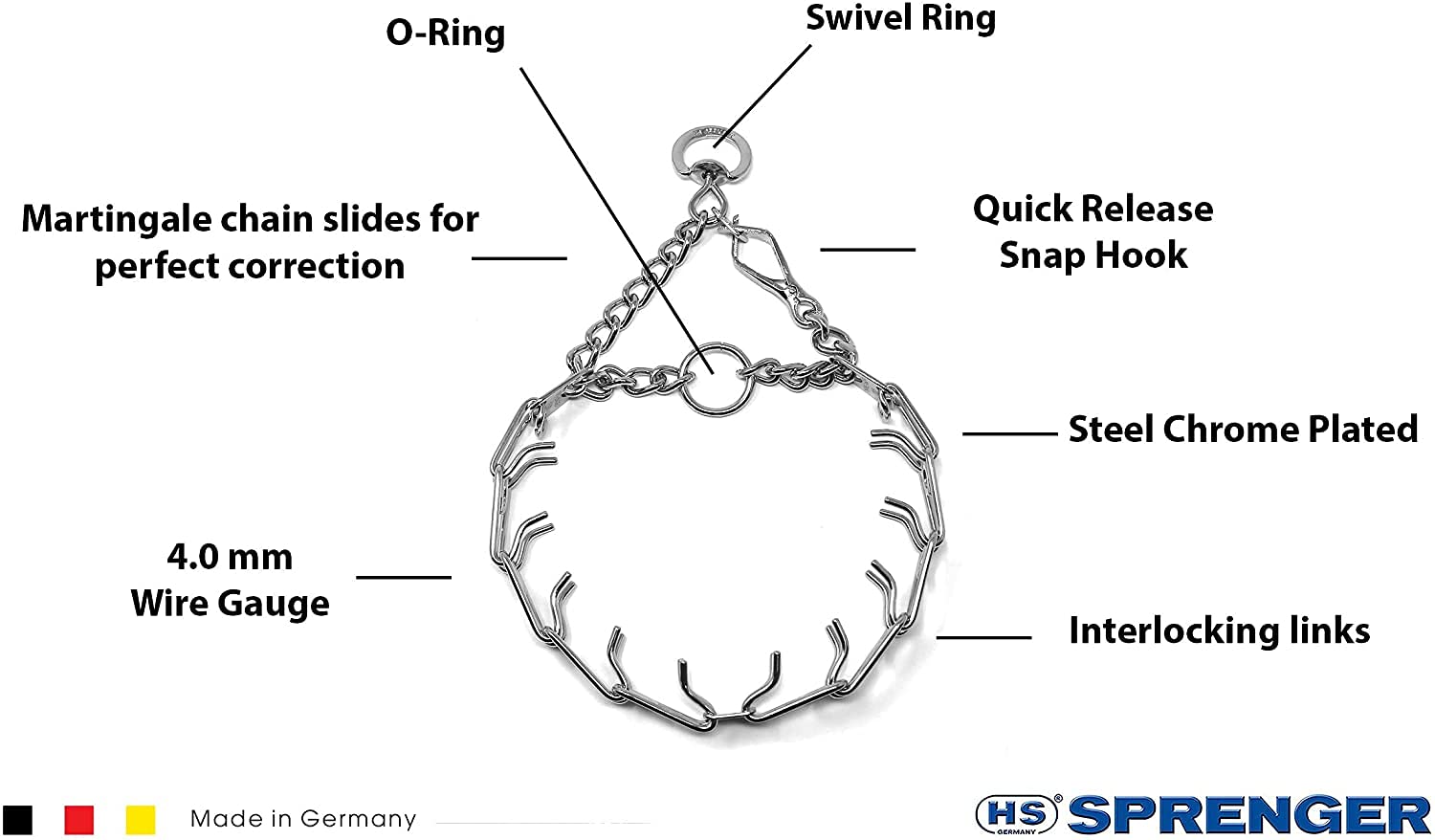 Herm Sprenger quick-release snap shown for fast, secure collar removal in sessions
