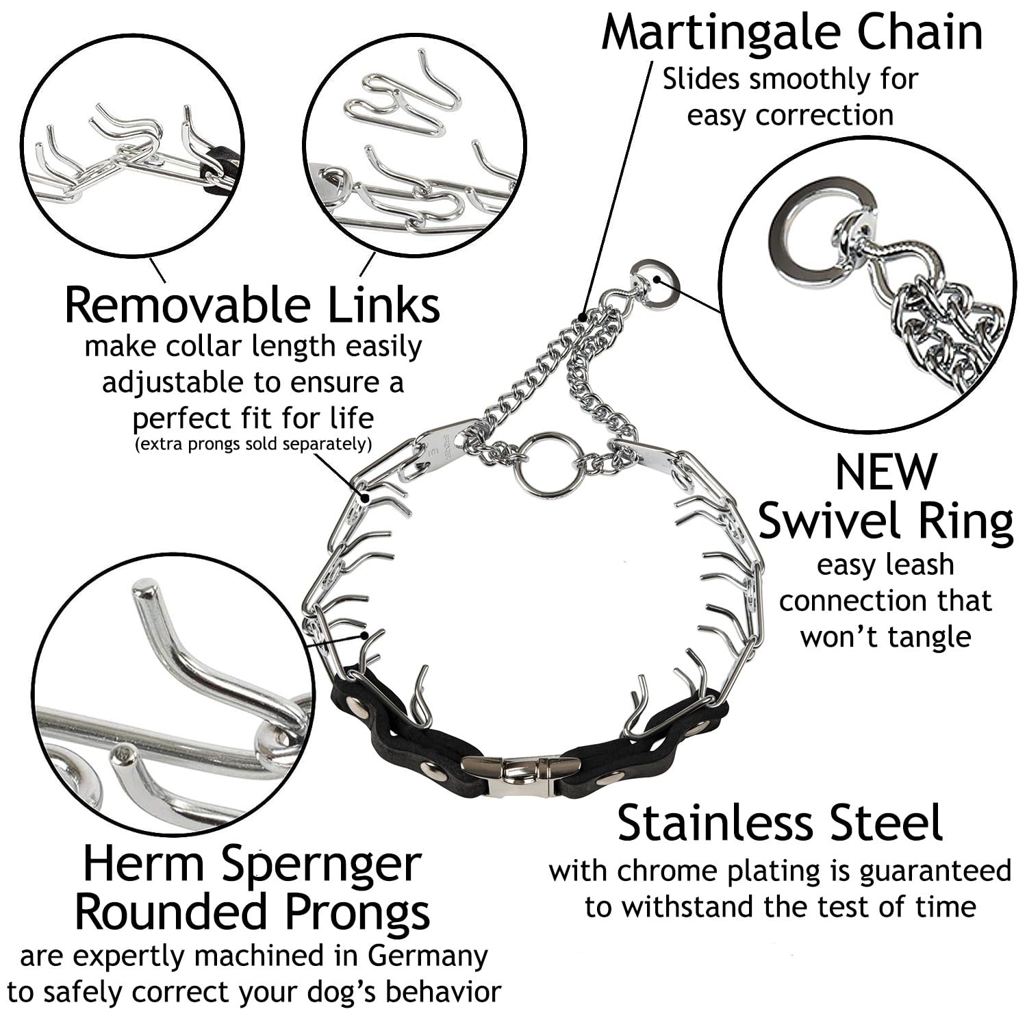 Herm Sprenger swivel ring helps prevent twist during walks.