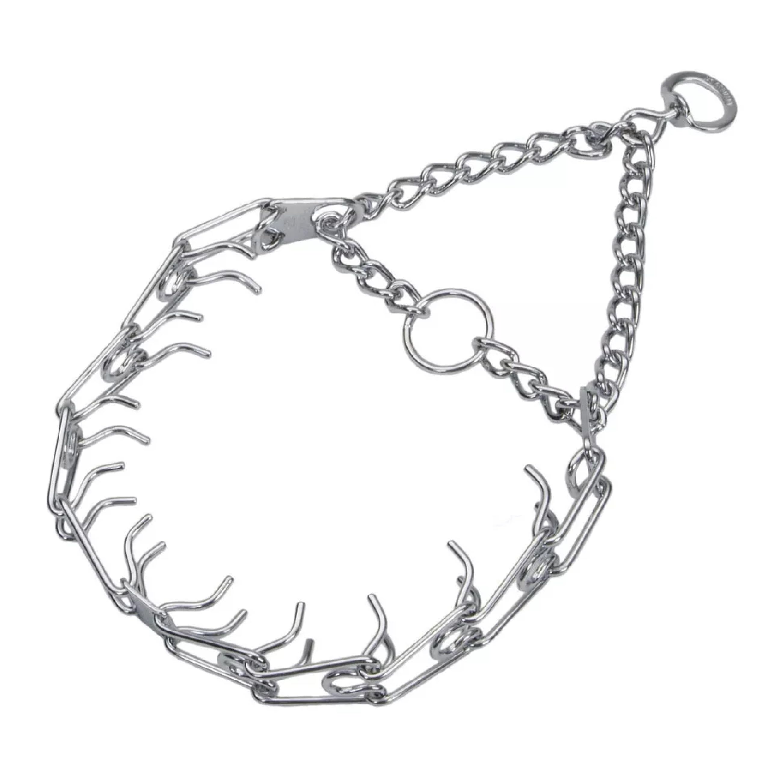 Herm Sprenger Ultra-Plus prong collar on a 21-inch neck for precise control.