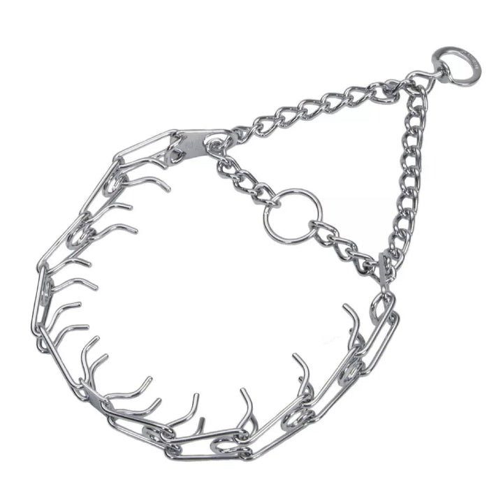 Herm Sprenger Ultra-Plus prong collar on a 21-inch neck for precise control.