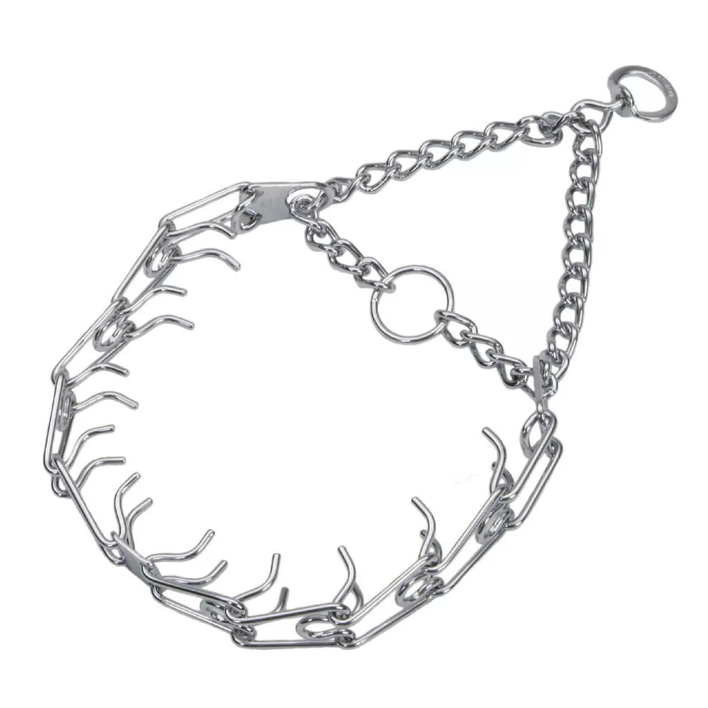 Herm Sprenger Ultra-Plus prong collar on a 21-inch neck for precise control.
