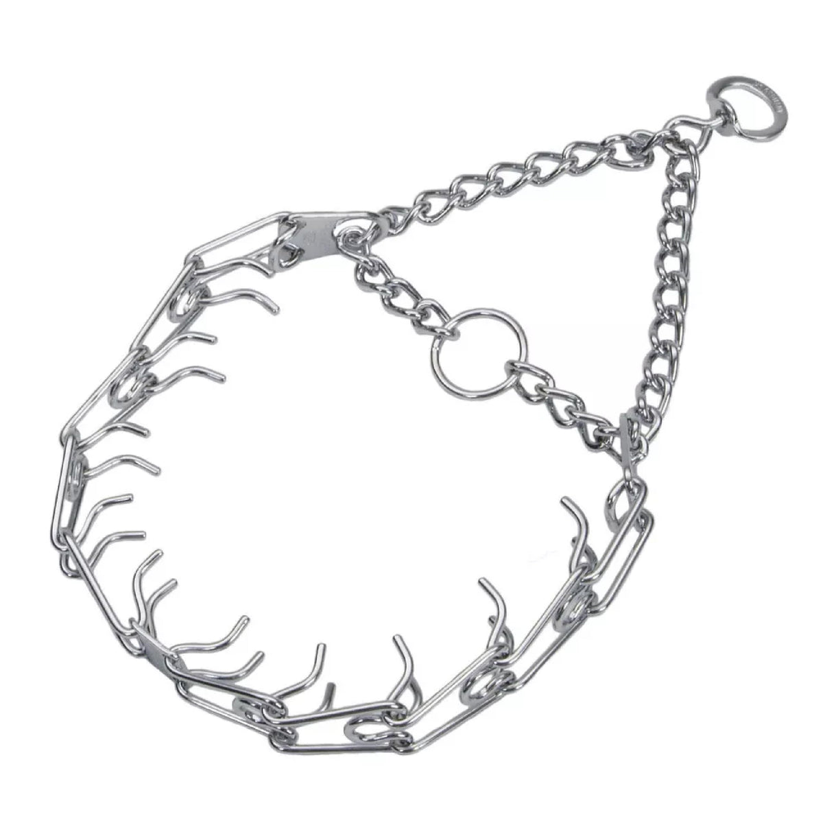 Herm Sprenger Ultra-Plus prong collar on a 21-inch neck for precise control.