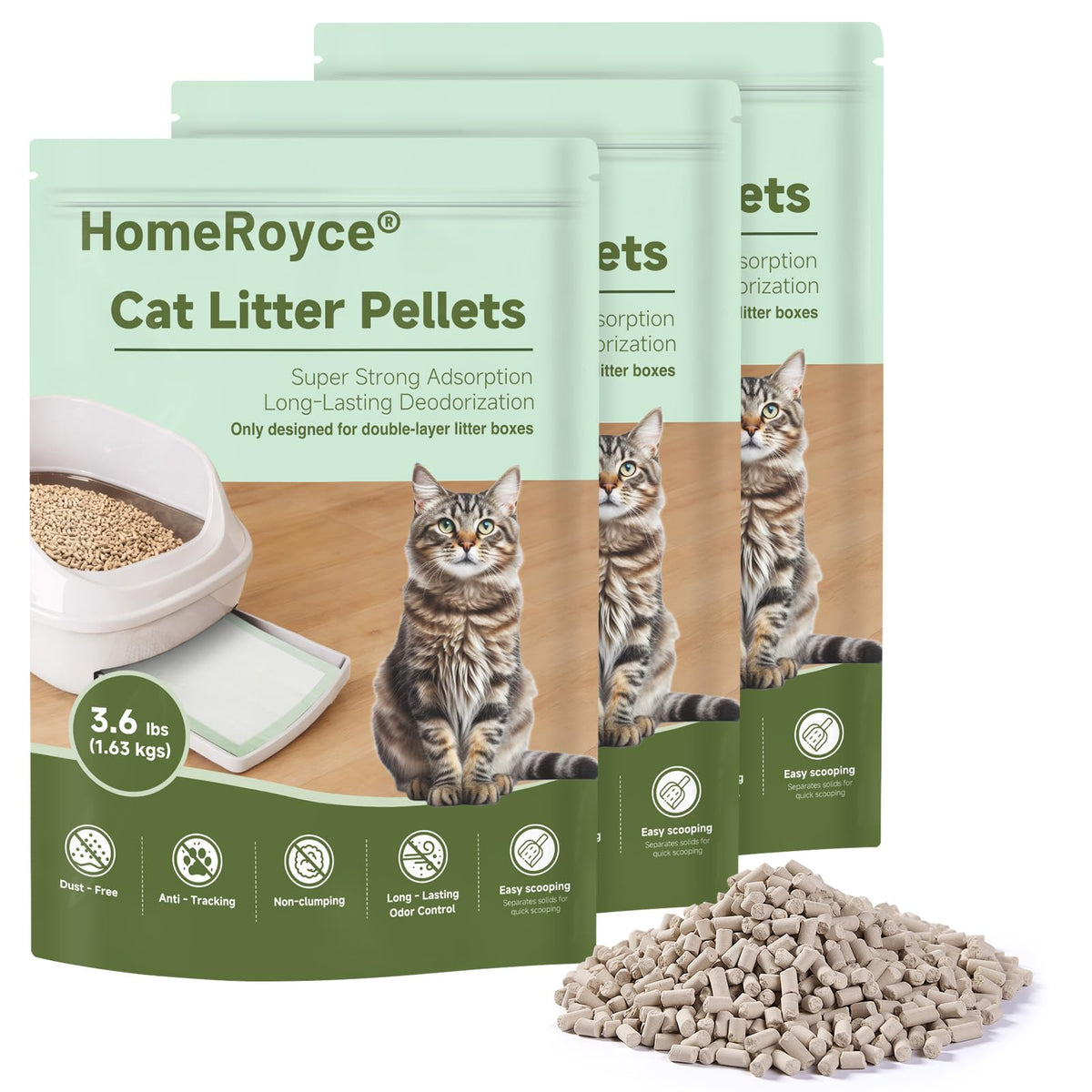 HomeRoyce cat litter pellets in a double-layer box for odor control.