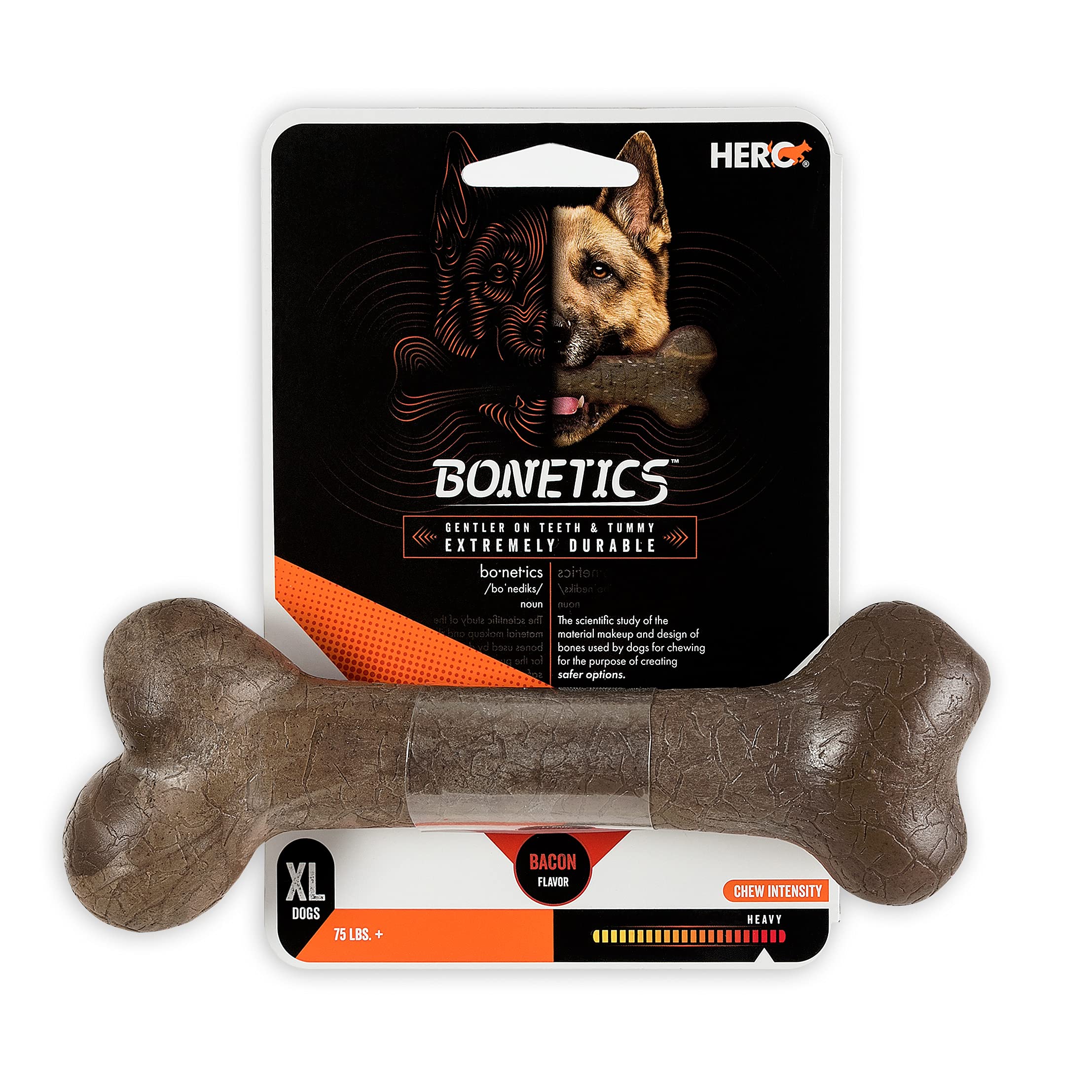 Hero Bonetics femur bone bacon flavor closeup inviting chewing