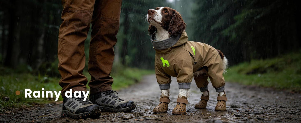Hertiendo brown dog shoes blend with fur and outdoor gear for stylish protection.