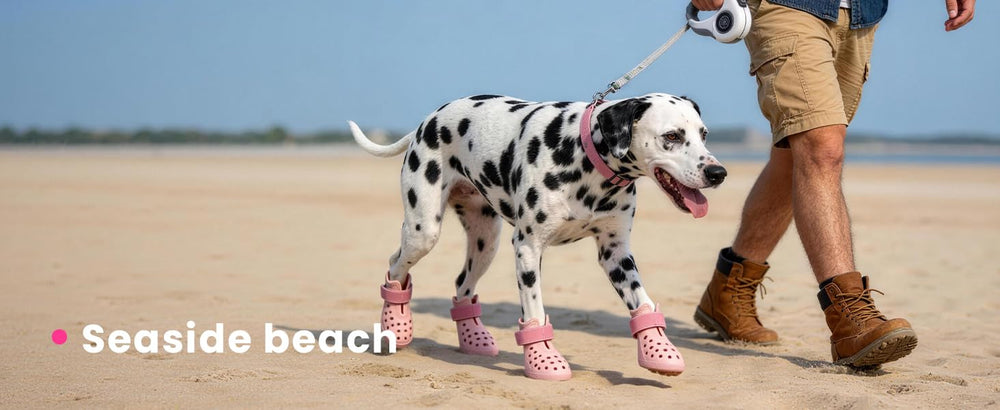 HERTIENDO pink dog boots add style and summer protection.