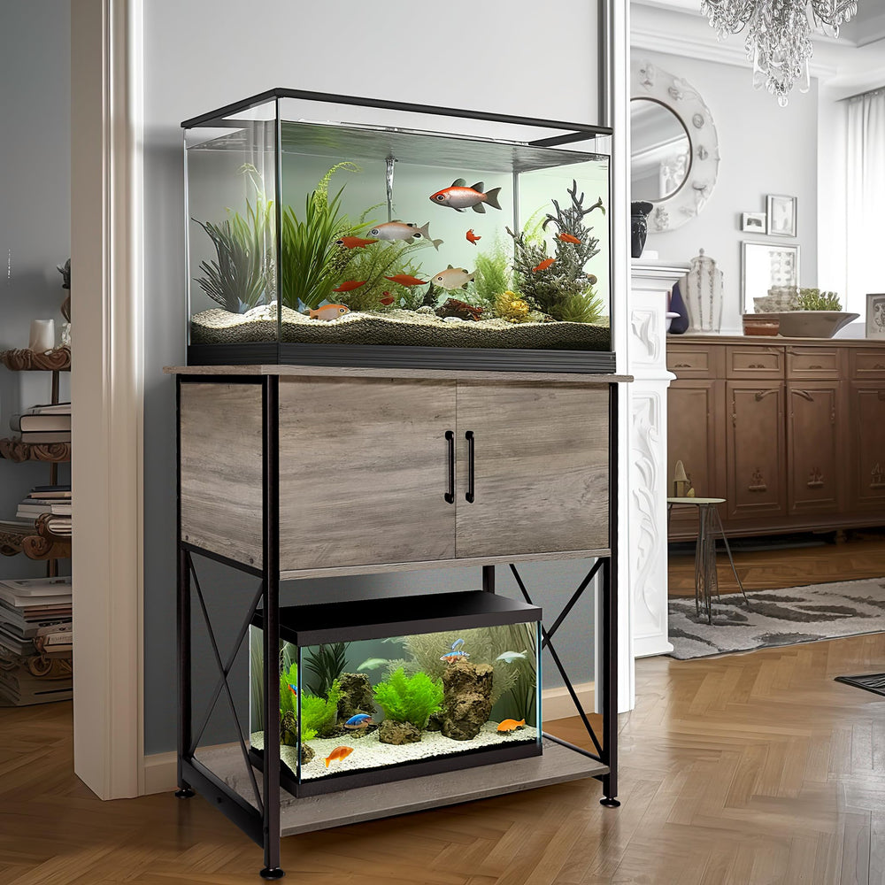 Herture stand side profile shows two-level design for versatile tank placement.